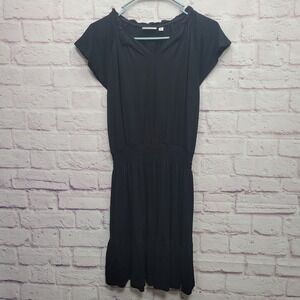 Wonderly Black Ruffle Smocked Mini Dress Sz XS Stretch Party Travel Dark Cottage